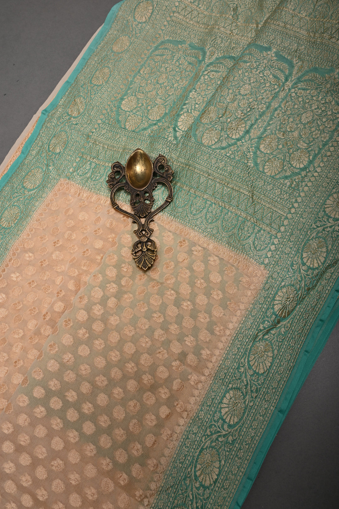 Muted Ivory Banarasi Silk Georgette Saree with Zari Brocade and Teal Contrast Zari Border | SILK MARK CERTIFIED | SHOBITAM