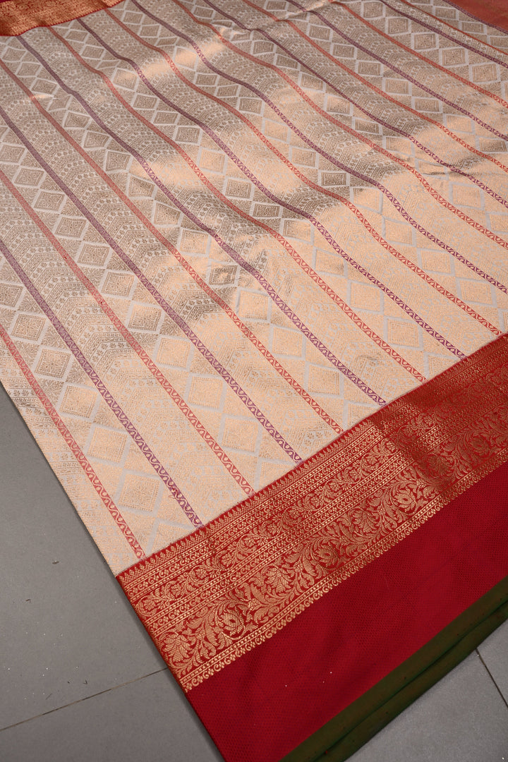 Ivory Meenakari Vertical Stripes on Banarasi Katan Silk Saree with Zari Brocade and Two Tone Zari Border | SILK MARK CERTIFIED | SHOBITAM