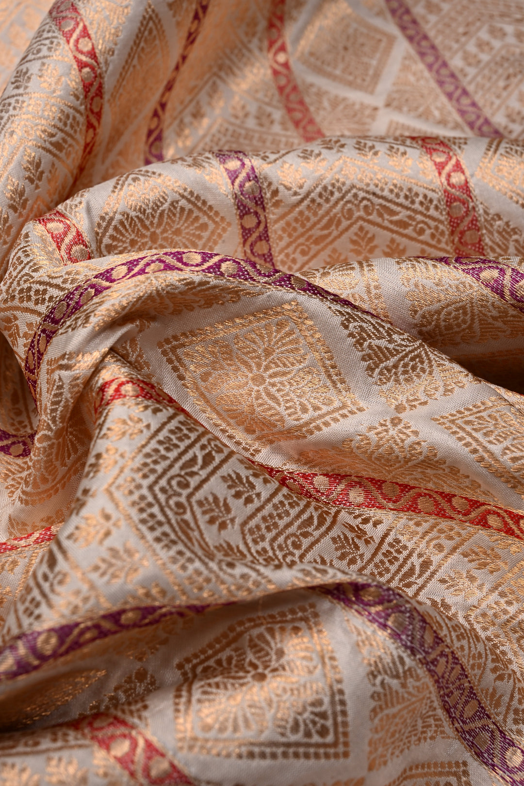 Ivory Meenakari Vertical Stripes on Banarasi Katan Silk Saree with Zari Brocade and Two Tone Zari Border | SILK MARK CERTIFIED | SHOBITAM
