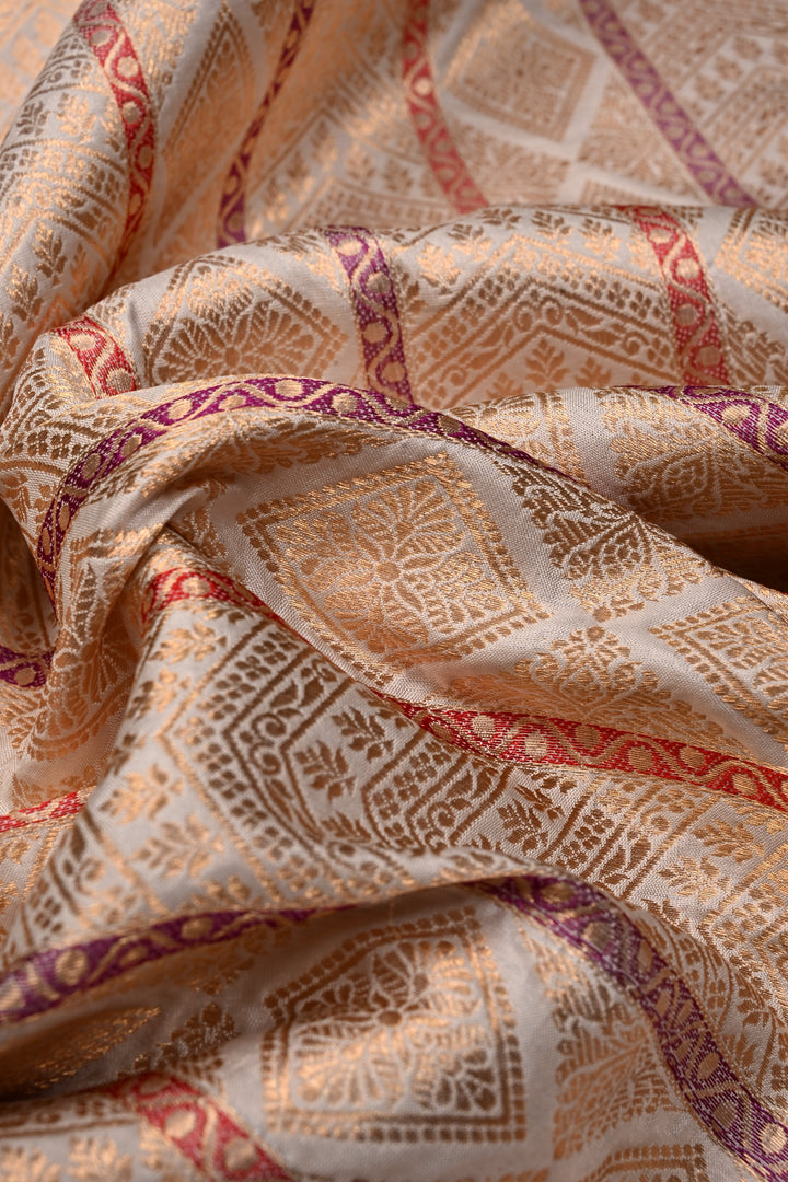 Ivory Meenakari Vertical Stripes on Banarasi Katan Silk Saree with Zari Brocade and Two Tone Zari Border | SILK MARK CERTIFIED | SHOBITAM