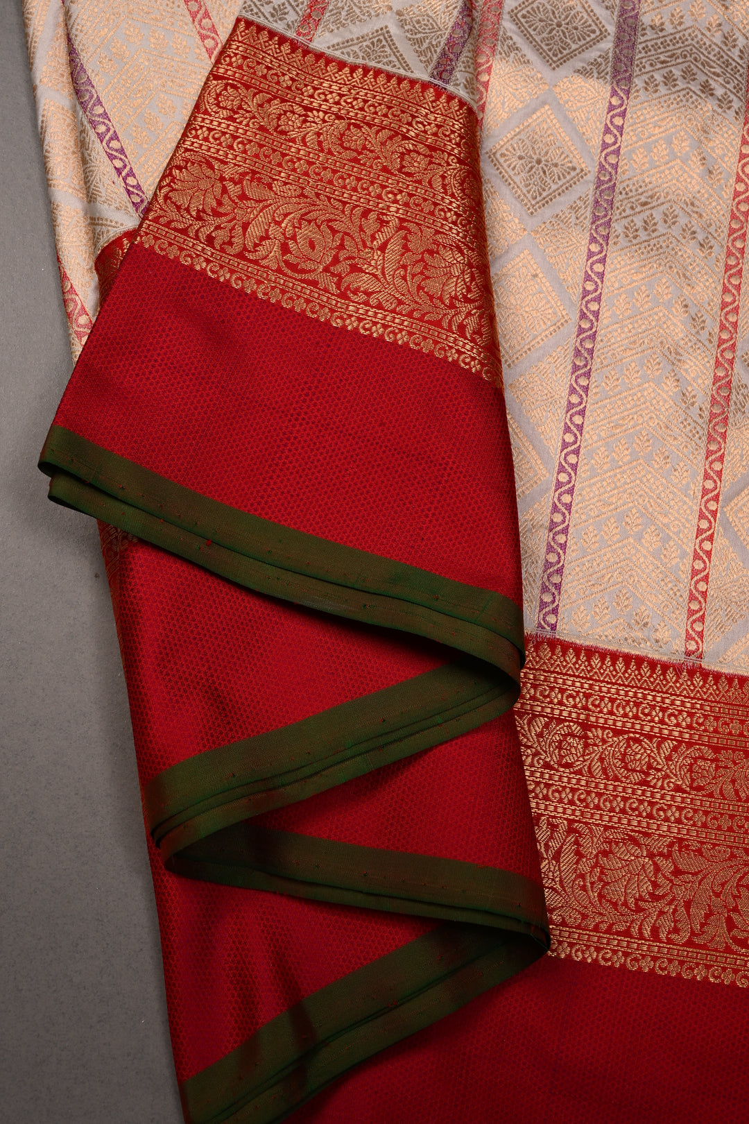 Ivory Meenakari Vertical Stripes on Banarasi Katan Silk Saree with Zari Brocade and Two Tone Zari Border | SILK MARK CERTIFIED | SHOBITAM