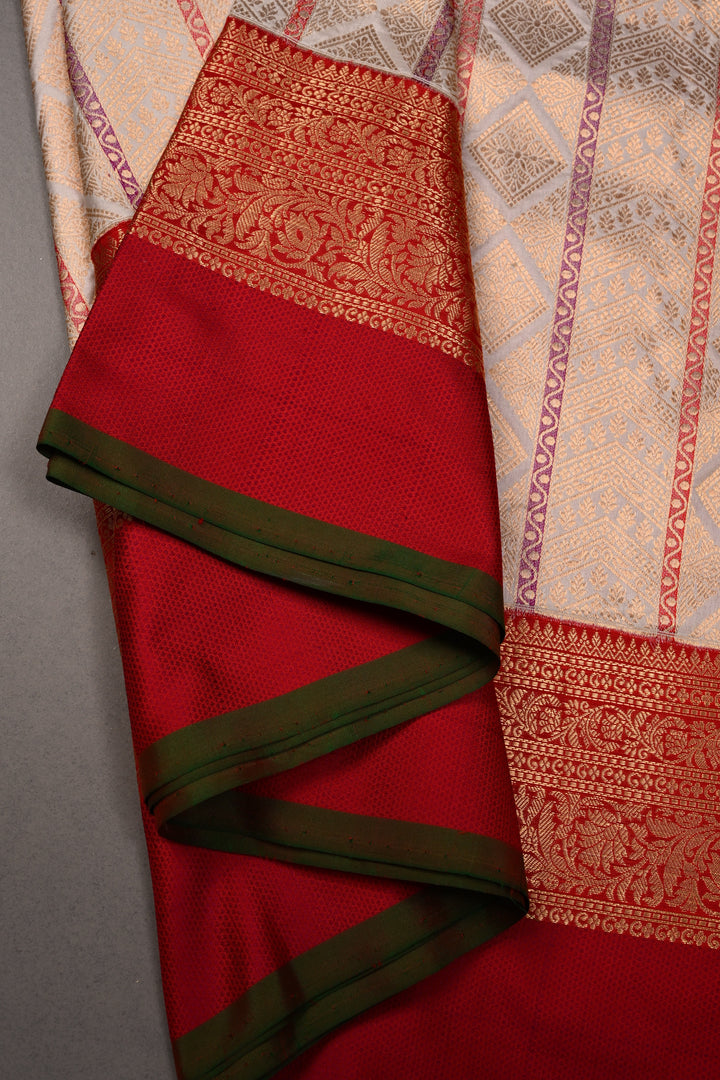 Ivory Meenakari Vertical Stripes on Banarasi Katan Silk Saree with Zari Brocade and Two Tone Zari Border | SILK MARK CERTIFIED | SHOBITAM
