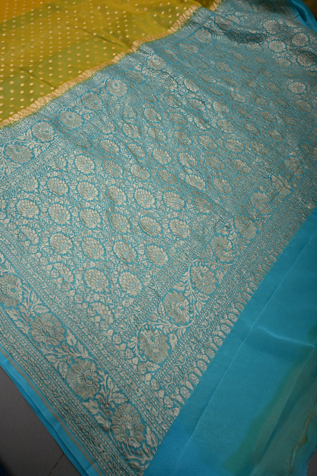 Sunflower Yellow Banarasi Silk Georgette Saree with Zari Buttis and Teal Blue Contrast Zari Border | SILK MARK CERTIFIED | SHOBITAM