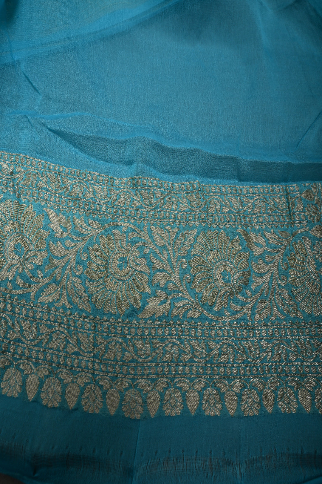 Sunflower Yellow Banarasi Silk Georgette Saree with Zari Buttis and Teal Blue Contrast Zari Border | SILK MARK CERTIFIED | SHOBITAM