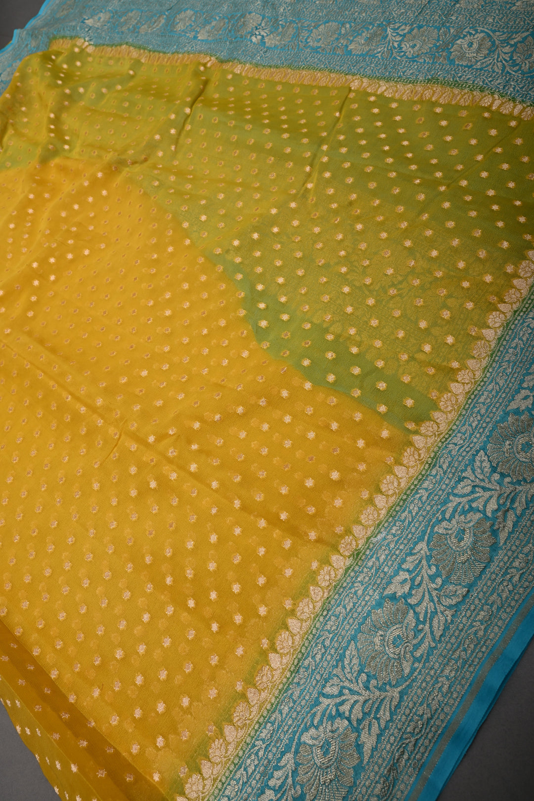 Sunflower Yellow Banarasi Silk Georgette Saree with Zari Buttis and Teal Blue Contrast Zari Border | SILK MARK CERTIFIED | SHOBITAM