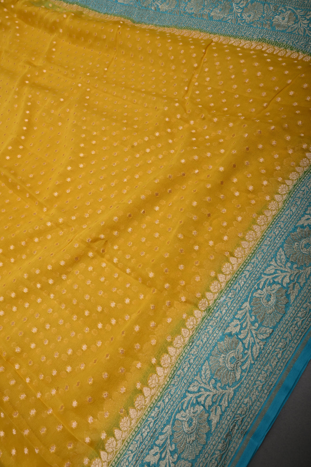Sunflower Yellow Banarasi Silk Georgette Saree with Zari Buttis and Teal Blue Contrast Zari Border | SILK MARK CERTIFIED | SHOBITAM