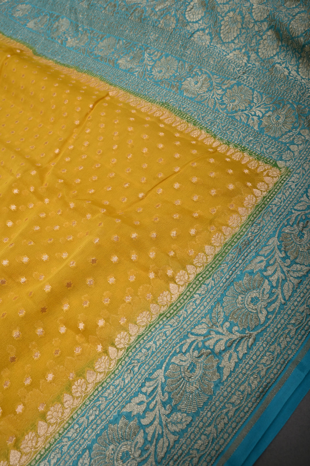 Sunflower Yellow Banarasi Silk Georgette Saree with Zari Buttis and Teal Blue Contrast Zari Border | SILK MARK CERTIFIED | SHOBITAM