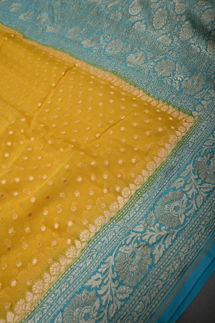 Sunflower Yellow Banarasi Silk Georgette Saree with Zari Buttis and Teal Blue Contrast Zari Border | SILK MARK CERTIFIED | SHOBITAM