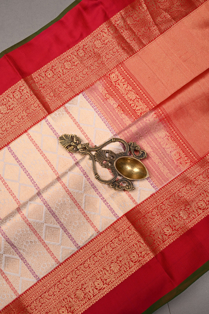 Ivory Meenakari Vertical Stripes on Banarasi Katan Silk Saree with Zari Brocade and Two Tone Zari Border | SILK MARK CERTIFIED | SHOBITAM