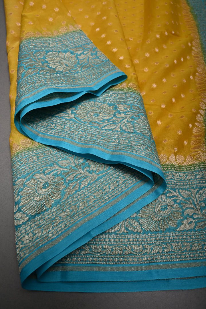 Sunflower Yellow Banarasi Silk Georgette Saree with Zari Buttis and Teal Blue Contrast Zari Border | SILK MARK CERTIFIED | SHOBITAM