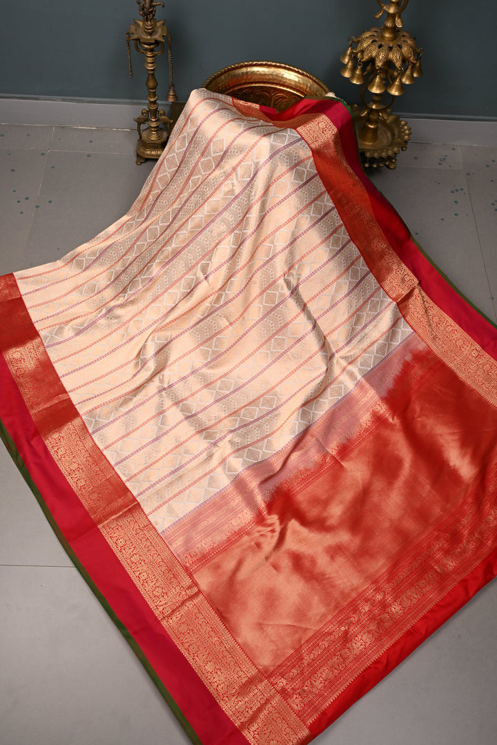 Ivory Meenakari Vertical Stripes on Banarasi Katan Silk Saree with Zari Brocade and Two Tone Zari Border | SILK MARK CERTIFIED | SHOBITAM