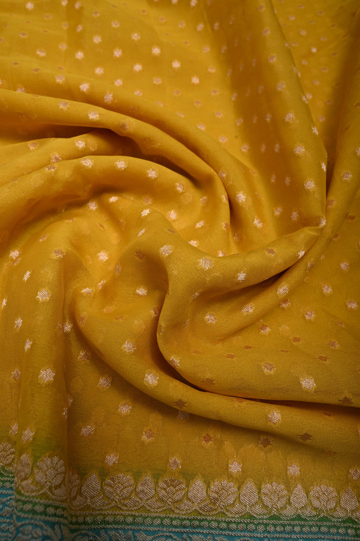 Sunflower Yellow Banarasi Silk Georgette Saree with Zari Buttis and Teal Blue Contrast Zari Border | SILK MARK CERTIFIED | SHOBITAM