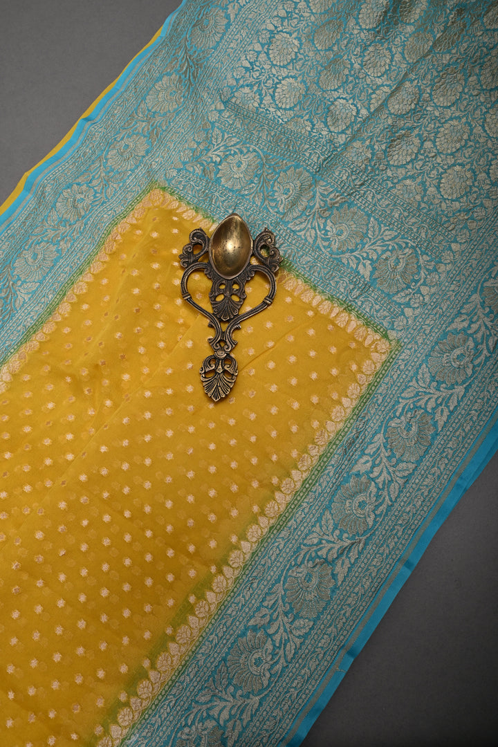 Sunflower Yellow Banarasi Silk Georgette Saree with Zari Buttis and Teal Blue Contrast Zari Border | SILK MARK CERTIFIED | SHOBITAM