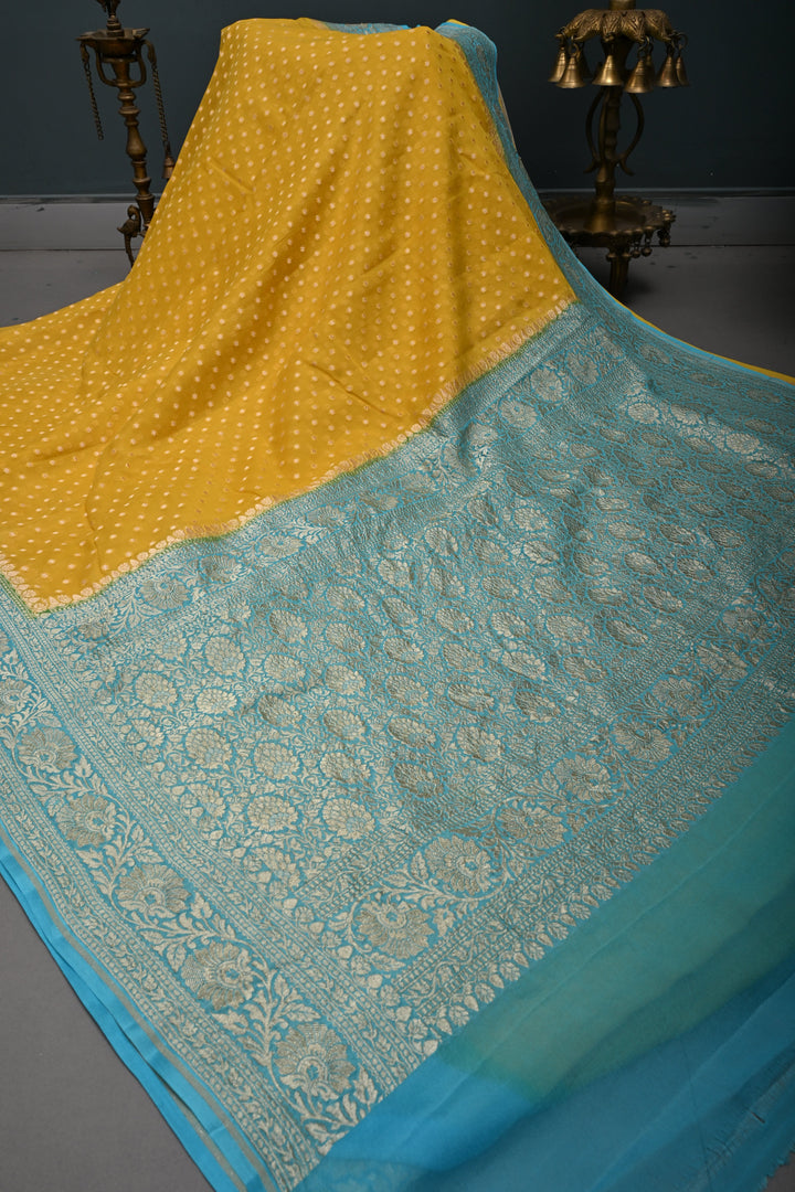 Sunflower Yellow Banarasi Silk Georgette Saree with Zari Buttis and Teal Blue Contrast Zari Border | SILK MARK CERTIFIED | SHOBITAM