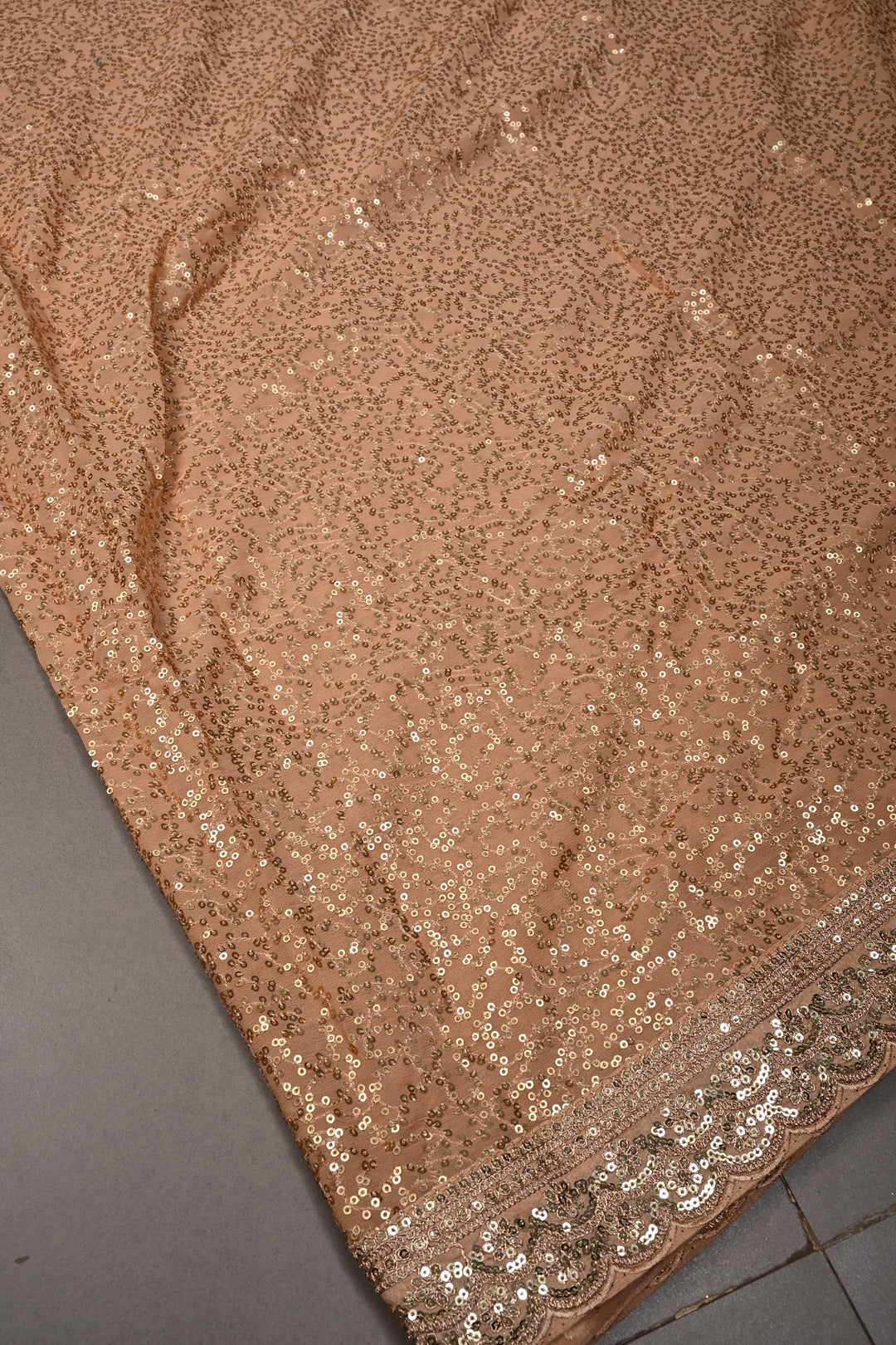 Full Sequins Embellished on Georgette Saree in Chikoo Color with Scalloped Border |SHOBITAM