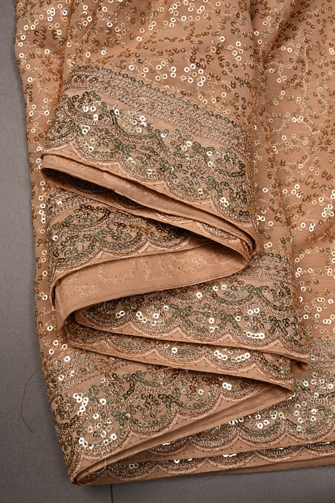 Full Sequins Embellished on Georgette Saree in Chikoo Color with Scalloped Border |SHOBITAM