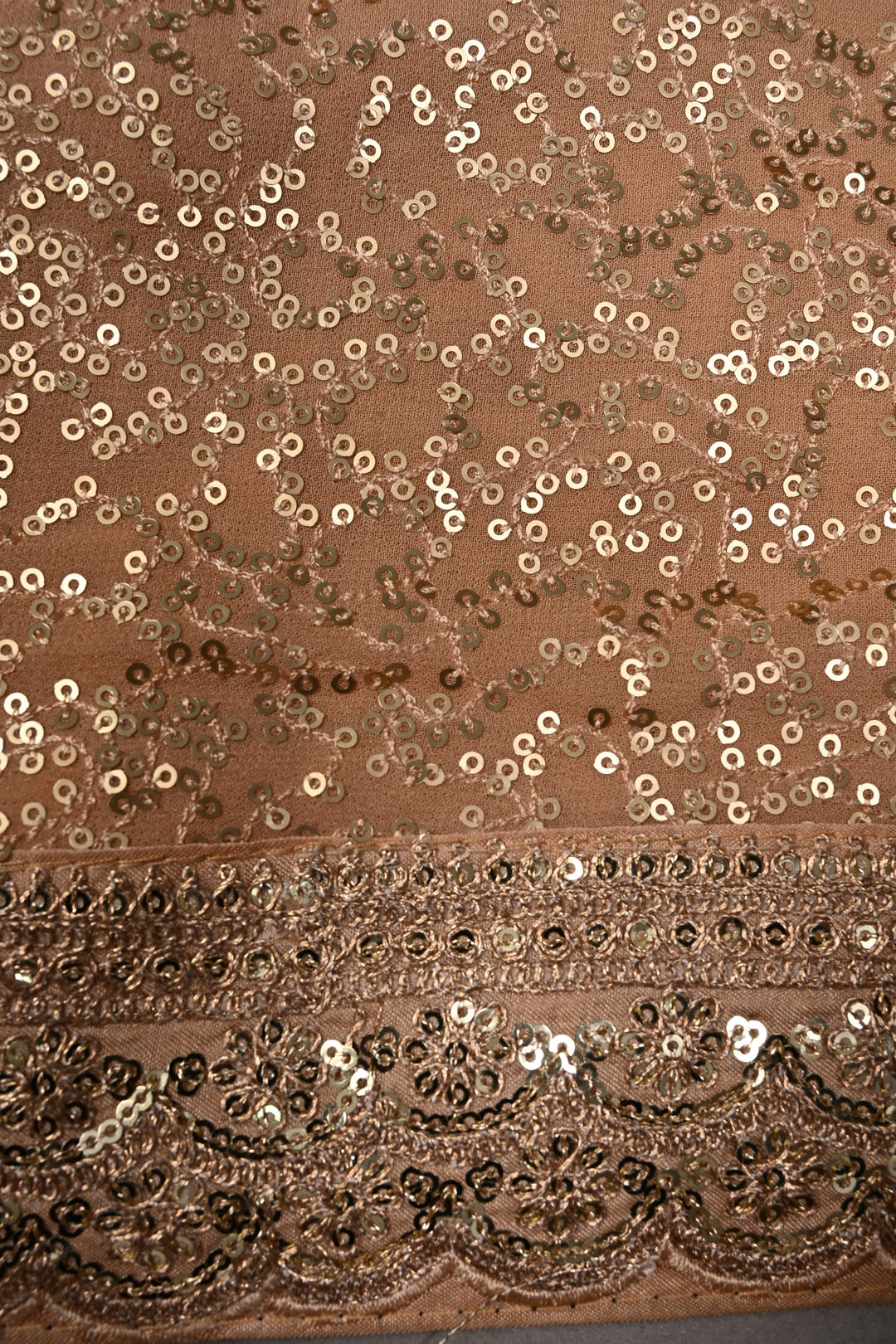 Full Sequins Embellished on Georgette Saree in Chikoo Color with Scalloped Border |SHOBITAM