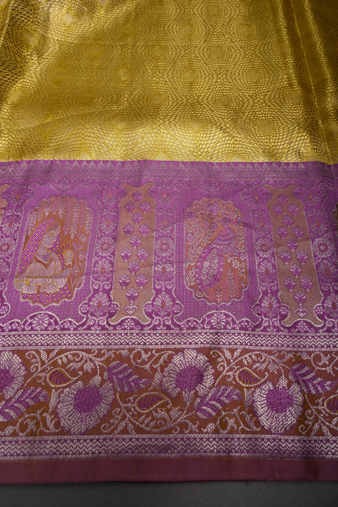 Charming Corn Yellow Meenakari on Pure Kanjivaram Tissue Silk Saree with Birds-Floral Brocade and Lavender Contrast Zari Border | SILK MARK CERTIFIED | SHOBITAM