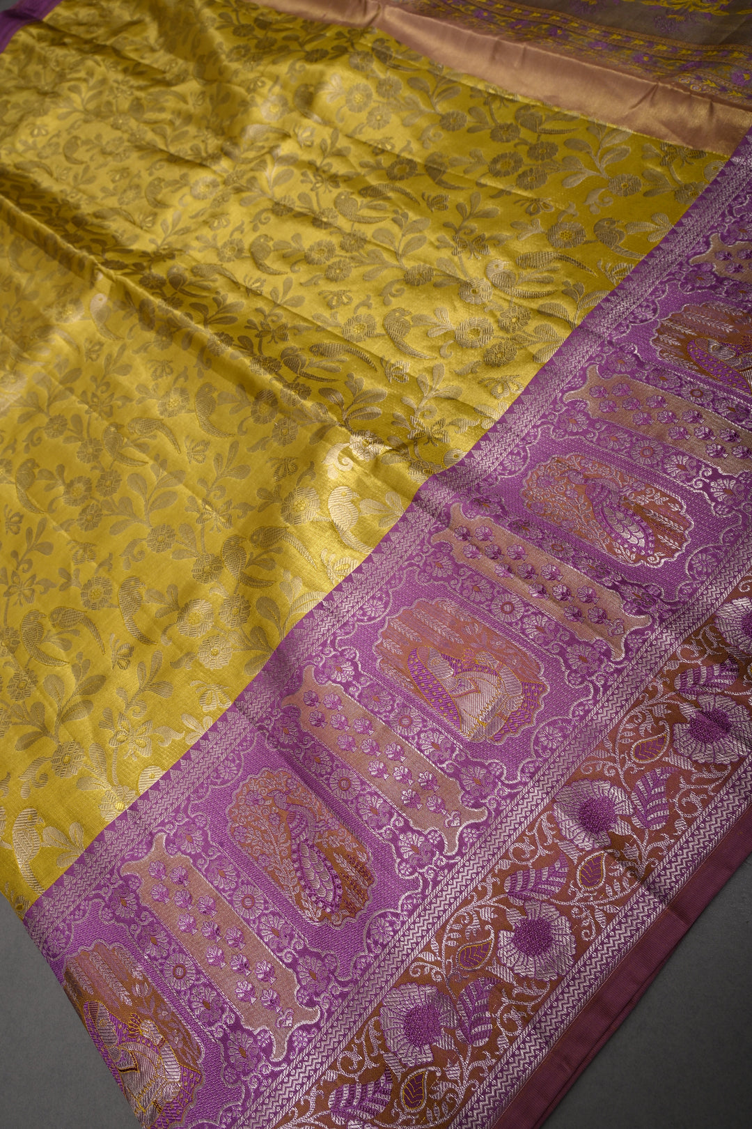Charming Corn Yellow Meenakari on Pure Kanjivaram Tissue Silk Saree with Birds-Floral Brocade and Lavender Contrast Zari Border | SILK MARK CERTIFIED | SHOBITAM