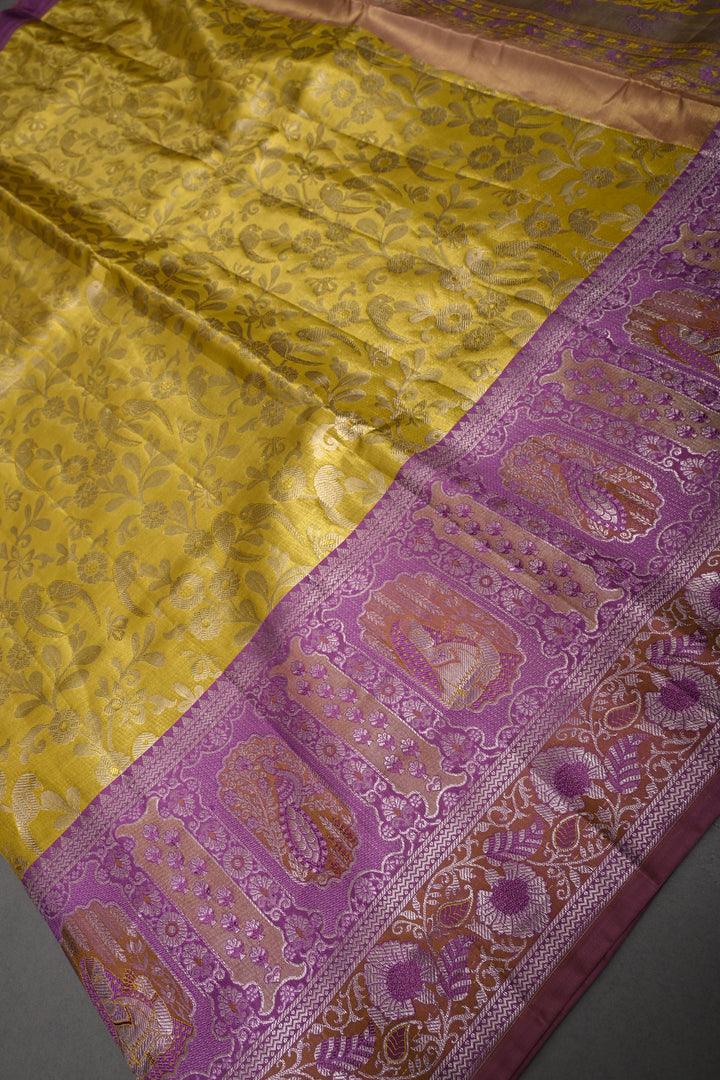 Charming Corn Yellow Meenakari on Pure Kanjivaram Tissue Silk Saree with Birds-Floral Brocade and Lavender Contrast Zari Border | SILK MARK CERTIFIED | SHOBITAM