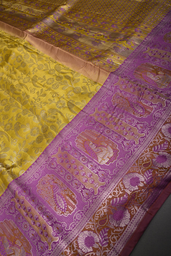 Charming Corn Yellow Meenakari on Pure Kanjivaram Tissue Silk Saree with Birds-Floral Brocade and Lavender Contrast Zari Border | SILK MARK CERTIFIED | SHOBITAM