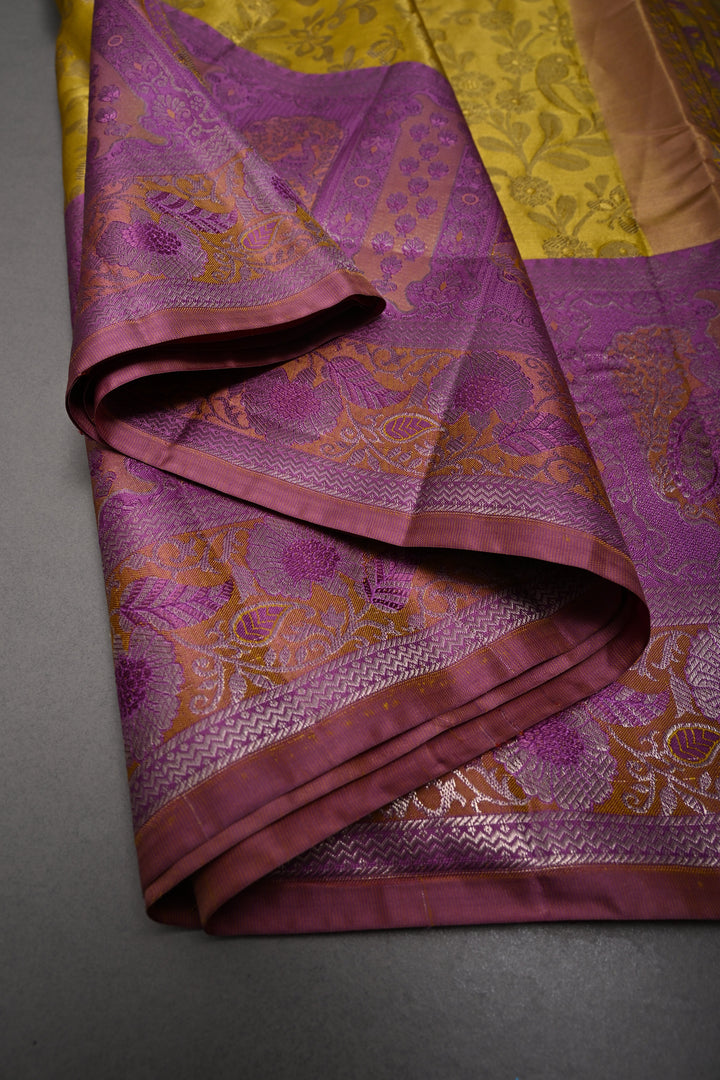 Charming Corn Yellow Meenakari on Pure Kanjivaram Tissue Silk Saree with Birds-Floral Brocade and Lavender Contrast Zari Border | SILK MARK CERTIFIED | SHOBITAM