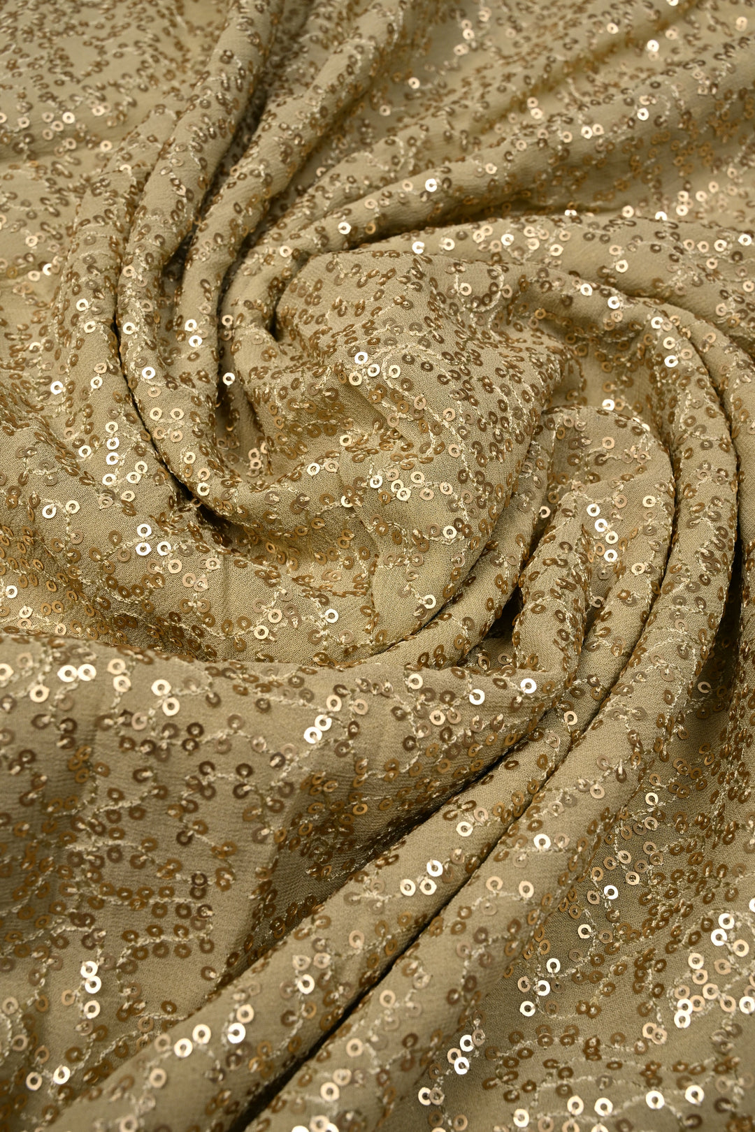 Full Sequins Embellished on Georgette Saree in Sage Green with Scalloped Border |SHOBITAM