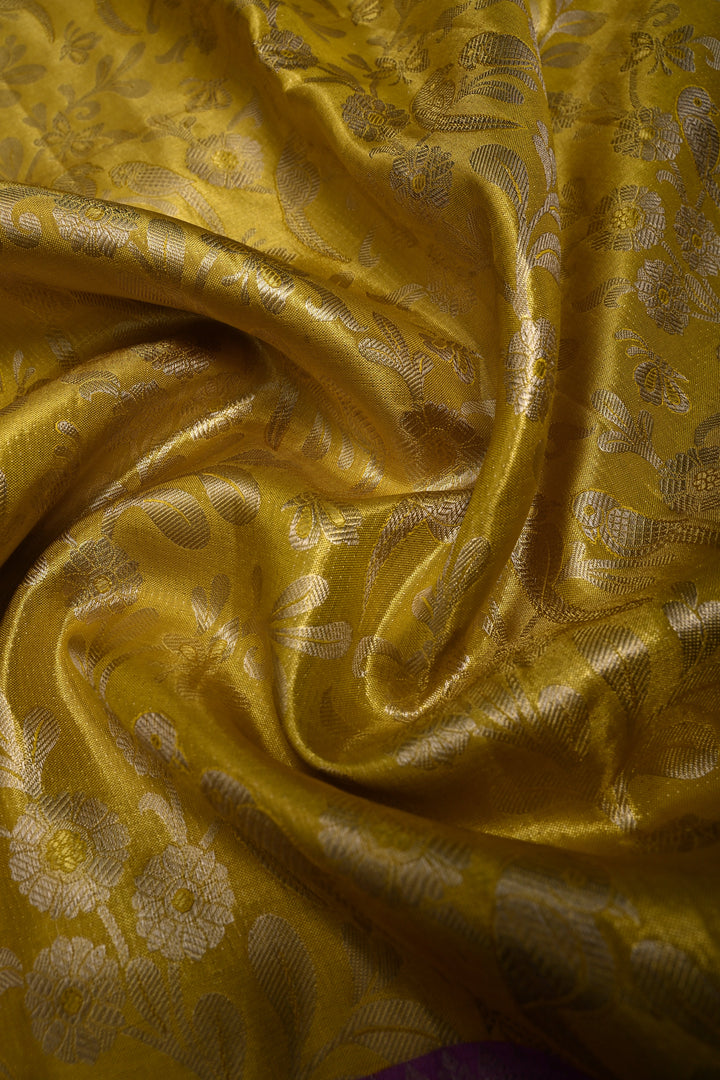 Charming Corn Yellow Meenakari on Pure Kanjivaram Tissue Silk Saree with Birds-Floral Brocade and Lavender Contrast Zari Border | SILK MARK CERTIFIED | SHOBITAM
