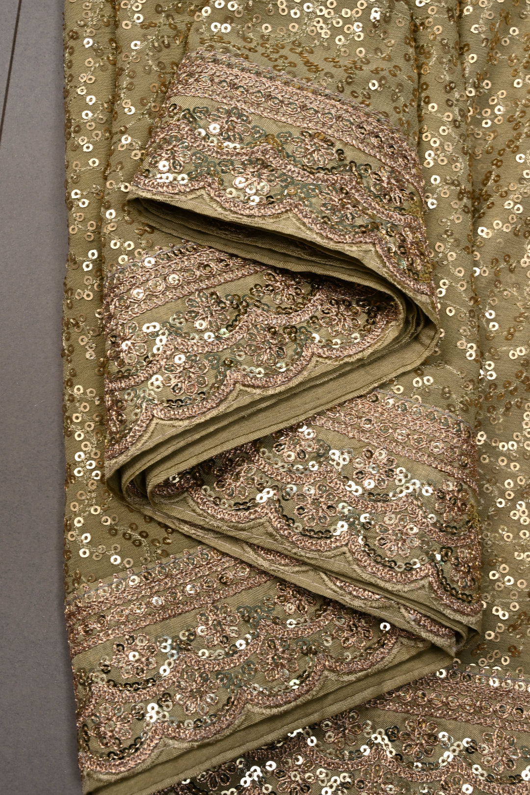 Full Sequins Embellished on Georgette Saree in Sage Green with Scalloped Border |SHOBITAM