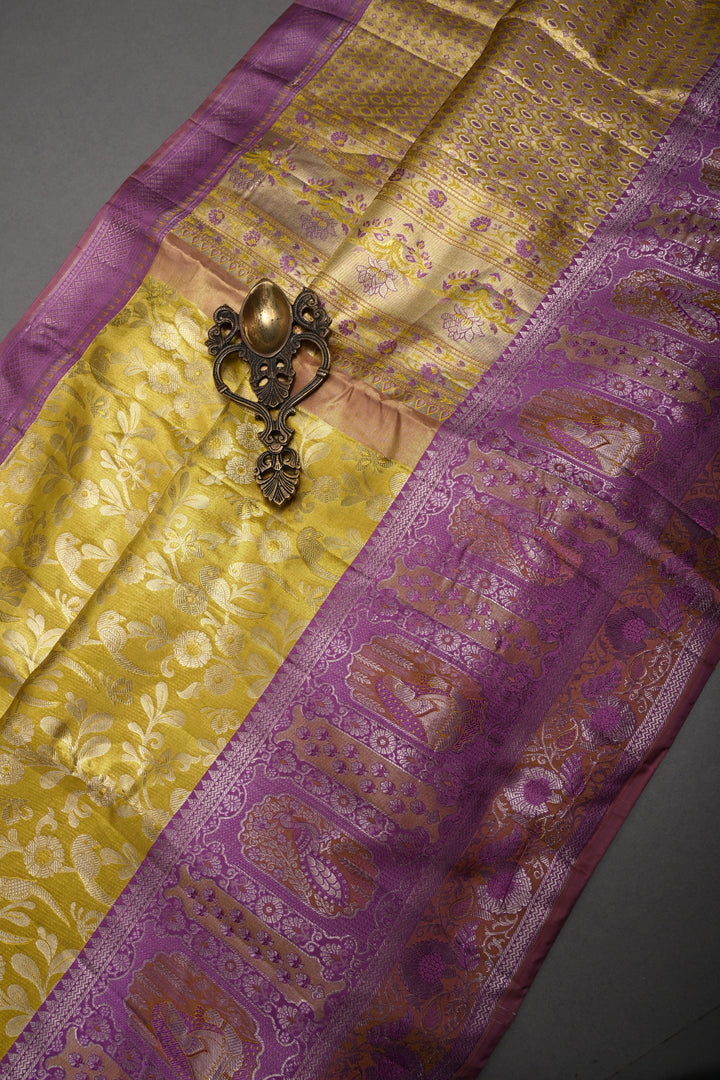Charming Corn Yellow Meenakari on Pure Kanjivaram Tissue Silk Saree with Birds-Floral Brocade and Lavender Contrast Zari Border | SILK MARK CERTIFIED | SHOBITAM