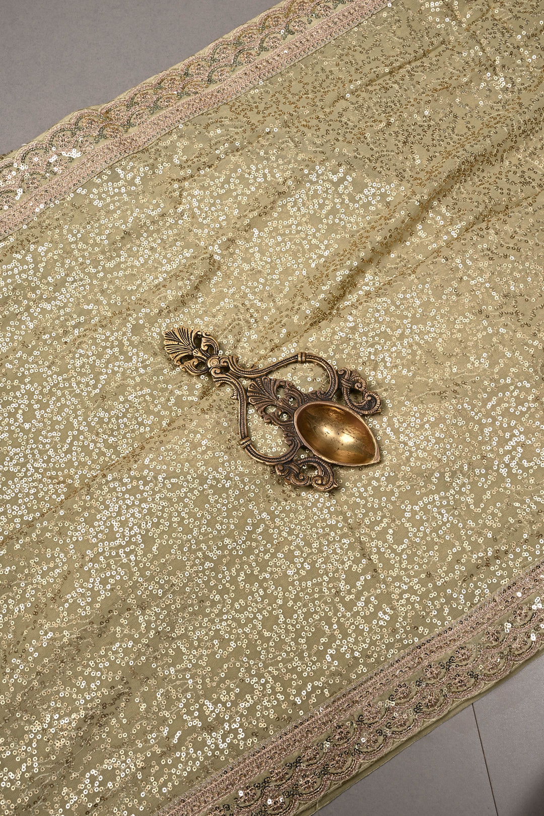 Full Sequins Embellished on Georgette Saree in Sage Green with Scalloped Border |SHOBITAM