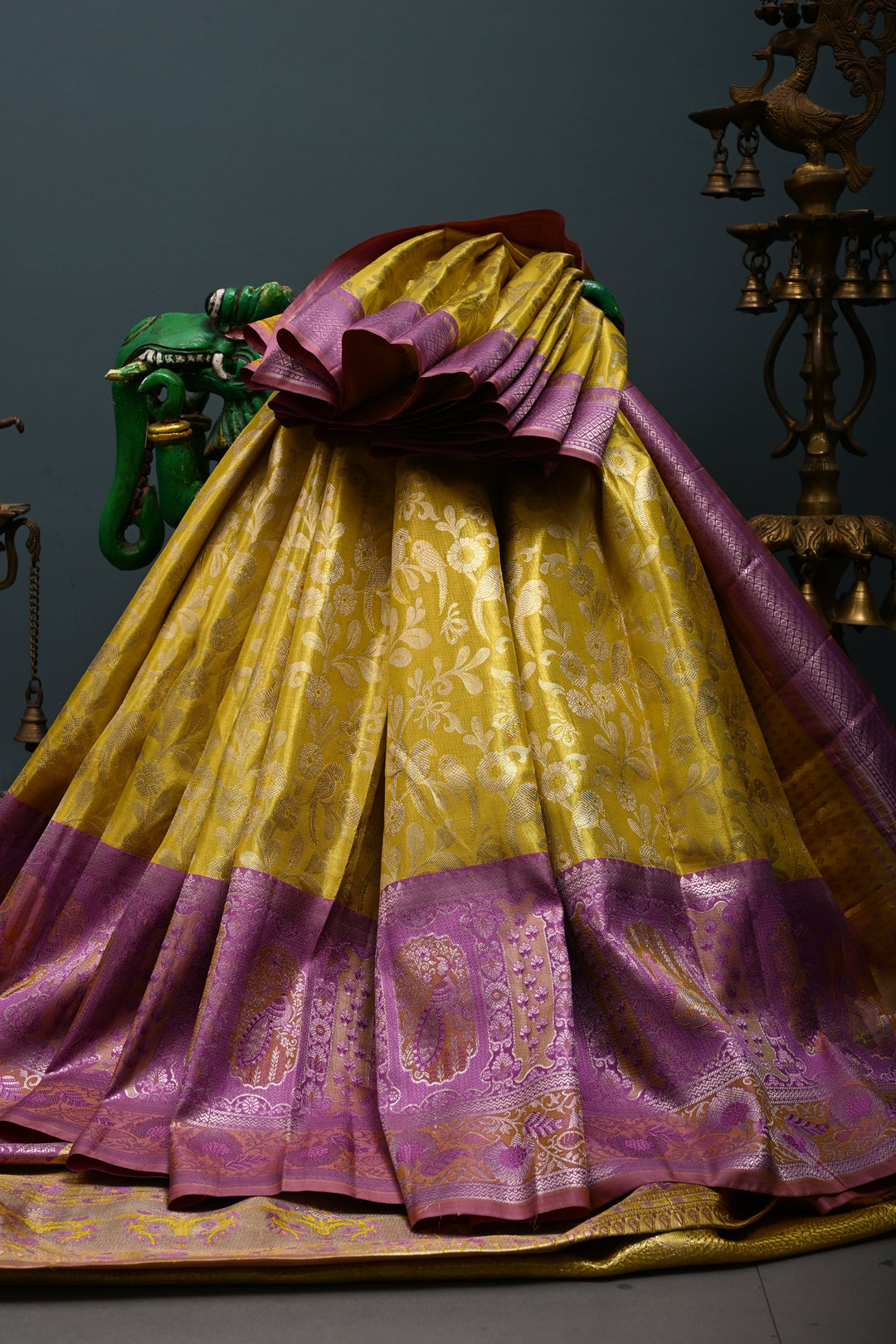 Charming Corn Yellow Meenakari on Pure Kanjivaram Tissue Silk Saree with Birds-Floral Brocade and Lavender Contrast Zari Border | SILK MARK CERTIFIED | SHOBITAM