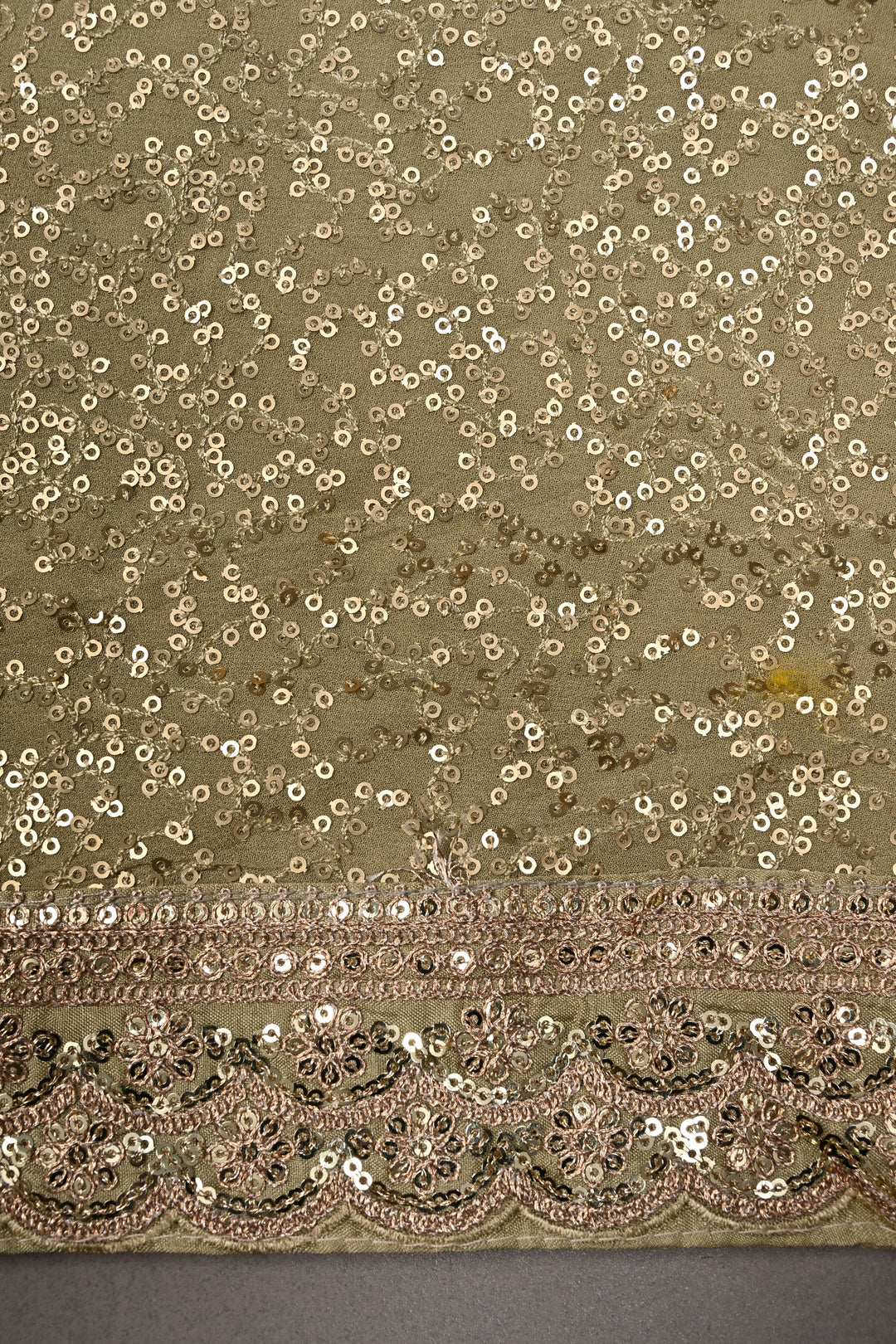 Full Sequins Embellished on Georgette Saree in Sage Green with Scalloped Border |SHOBITAM