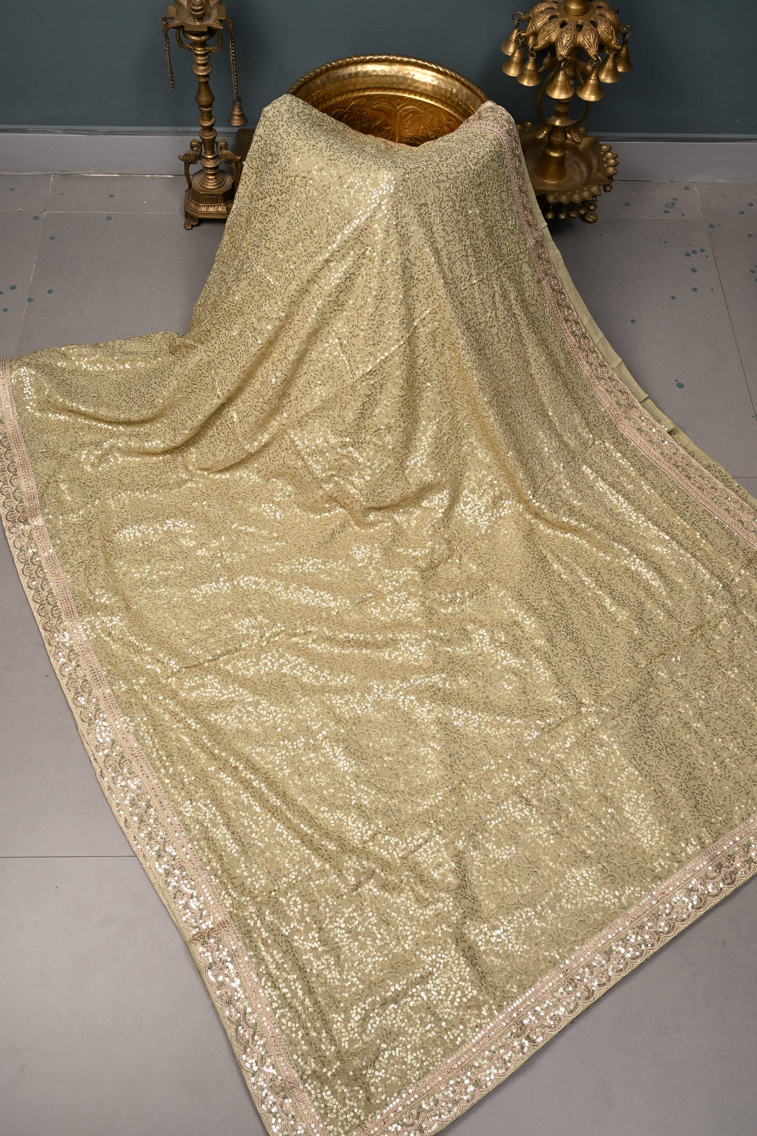 Full Sequins Embellished on Georgette Saree in Sage Green with Scalloped Border |SHOBITAM