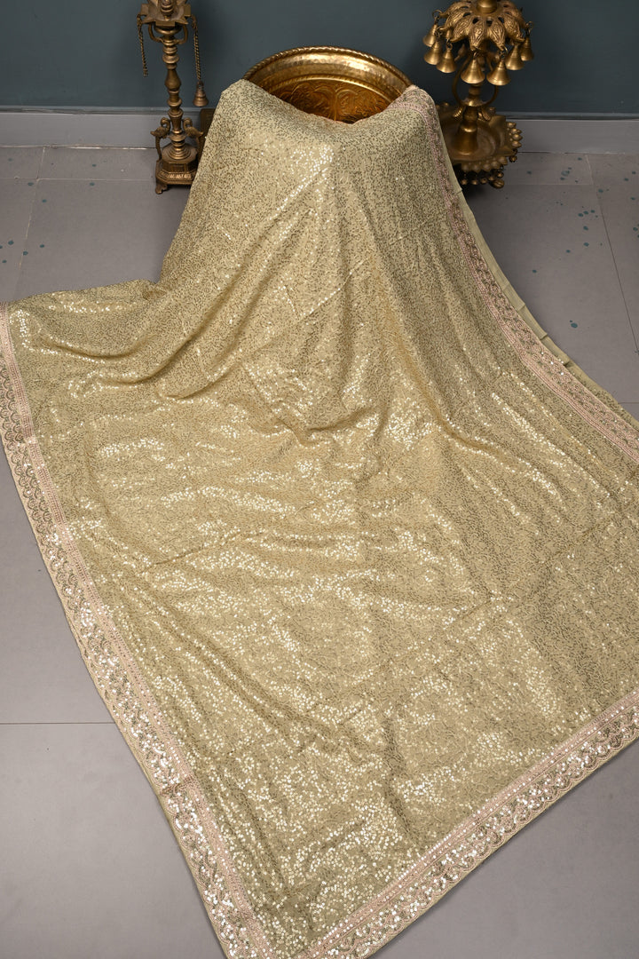 Full Sequins Embellished on Georgette Saree in Sage Green with Scalloped Border |SHOBITAM