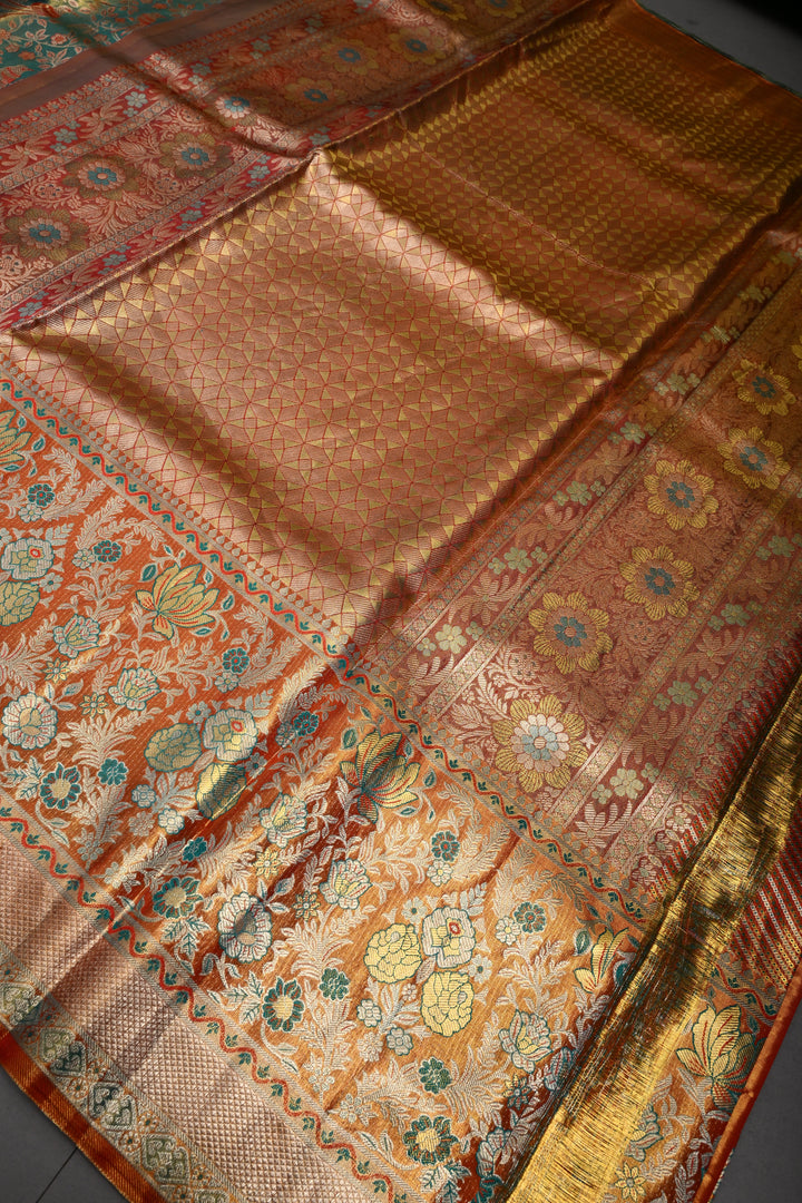 Ravishing Pure Kanjivaram Tissue Silk Saree with Birds-Floral Brocade and Orange Contrast Zari Border | SILK MARK CERTIFIED