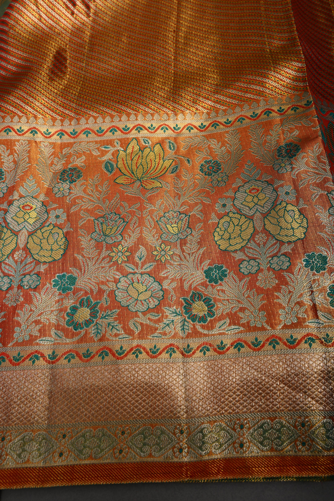 Ravishing Pure Kanjivaram Tissue Silk Saree with Birds-Floral Brocade and Orange Contrast Zari Border | SILK MARK CERTIFIED