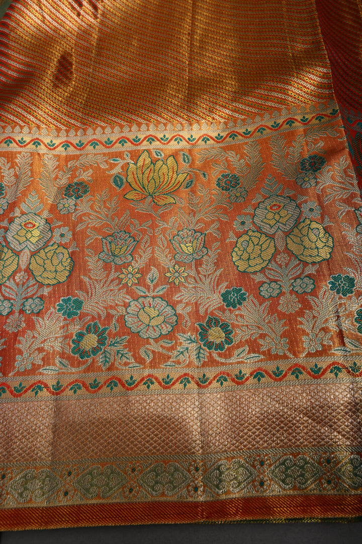 Ravishing Pure Kanjivaram Tissue Silk Saree with Birds-Floral Brocade and Orange Contrast Zari Border | SILK MARK CERTIFIED