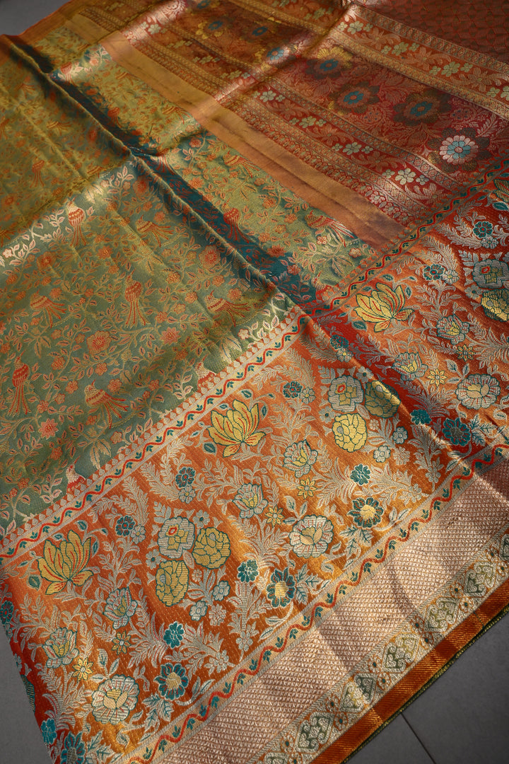 Ravishing Pure Kanjivaram Tissue Silk Saree with Birds-Floral Brocade and Orange Contrast Zari Border | SILK MARK CERTIFIED