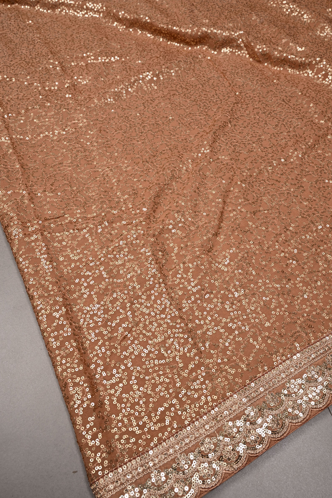 Full Sequins Embellished on Georgette Saree in Pinkish Brown with Scalloped Border |SHOBITAM