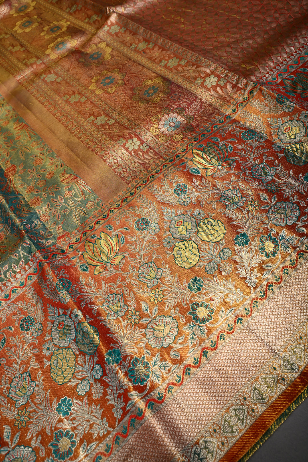 Ravishing Pure Kanjivaram Tissue Silk Saree with Birds-Floral Brocade and Orange Contrast Zari Border | SILK MARK CERTIFIED