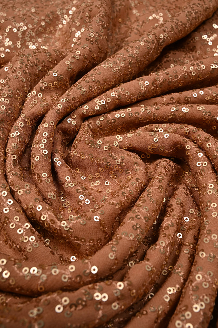 Full Sequins Embellished on Georgette Saree in Pinkish Brown with Scalloped Border |SHOBITAM