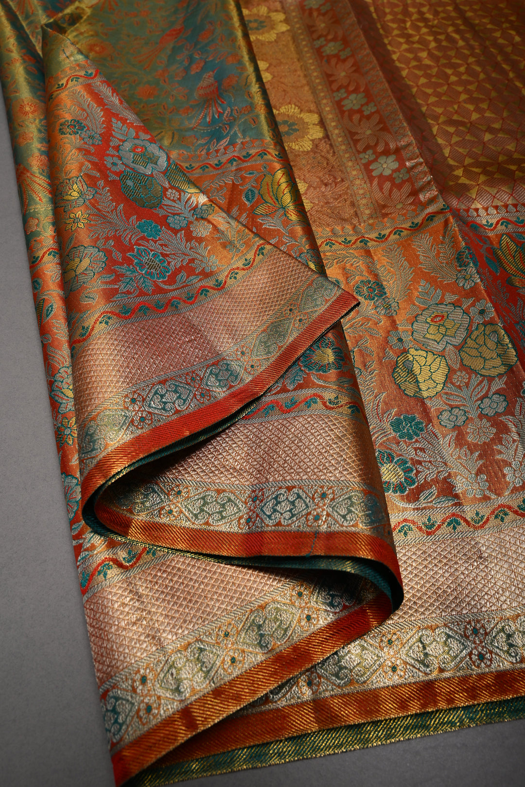 Ravishing Pure Kanjivaram Tissue Silk Saree with Birds-Floral Brocade and Orange Contrast Zari Border | SILK MARK CERTIFIED