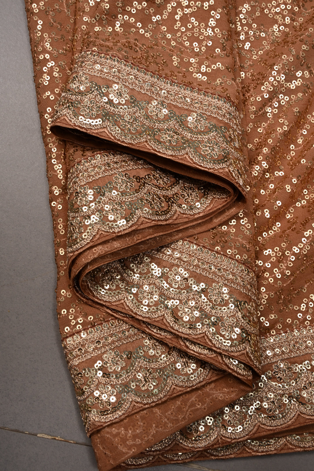 Full Sequins Embellished on Georgette Saree in Pinkish Brown with Scalloped Border |SHOBITAM