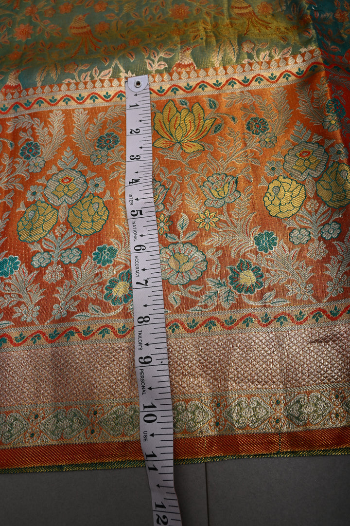 Ravishing Pure Kanjivaram Tissue Silk Saree with Birds-Floral Brocade and Orange Contrast Zari Border | SILK MARK CERTIFIED