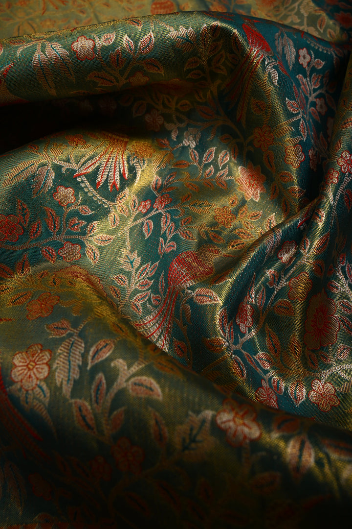 Ravishing Pure Kanjivaram Tissue Silk Saree with Birds-Floral Brocade and Orange Contrast Zari Border | SILK MARK CERTIFIED