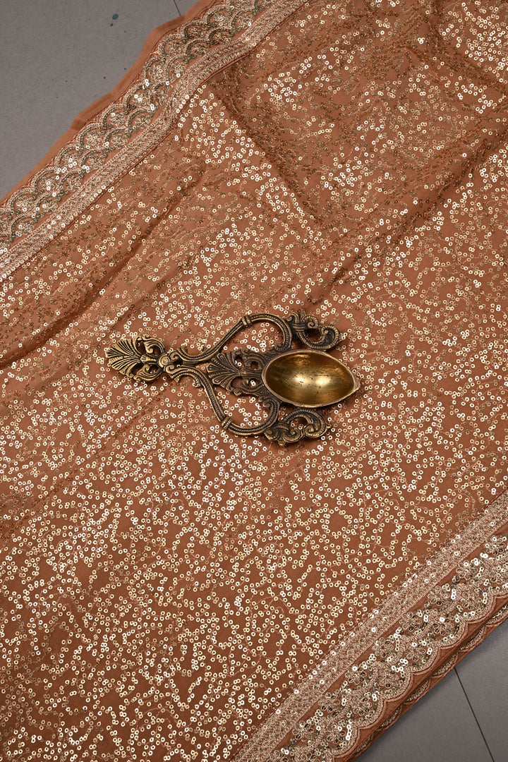 Full Sequins Embellished on Georgette Saree in Pinkish Brown with Scalloped Border |SHOBITAM