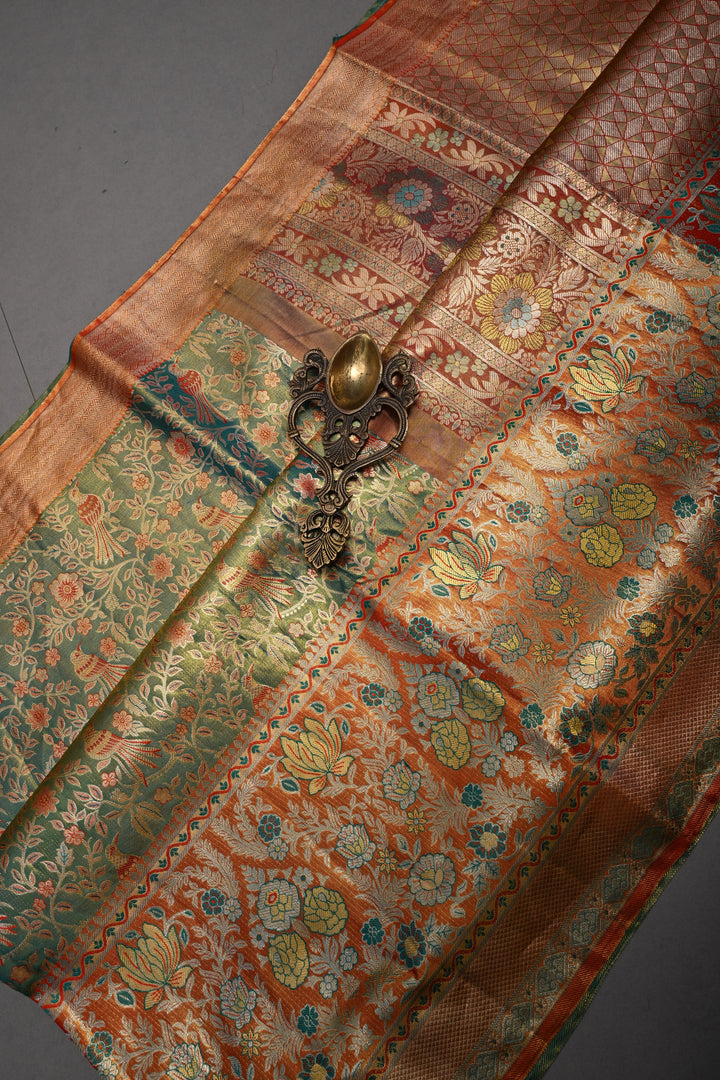 Ravishing Pure Kanjivaram Tissue Silk Saree with Birds-Floral Brocade and Orange Contrast Zari Border | SILK MARK CERTIFIED
