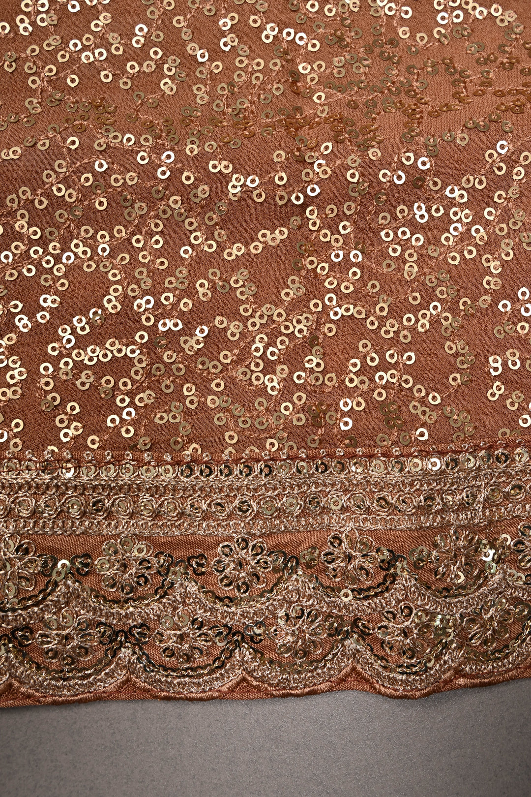 Full Sequins Embellished on Georgette Saree in Pinkish Brown with Scalloped Border |SHOBITAM