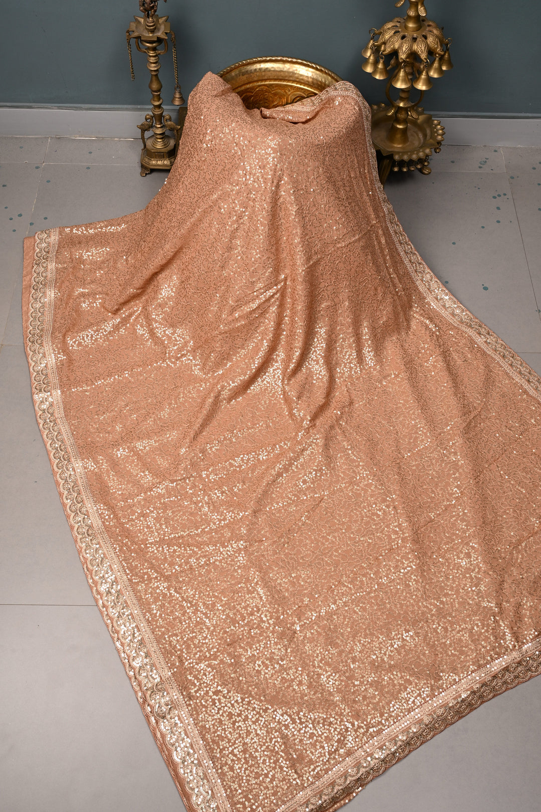 Full Sequins Embellished on Georgette Saree in Pinkish Brown with Scalloped Border |SHOBITAM